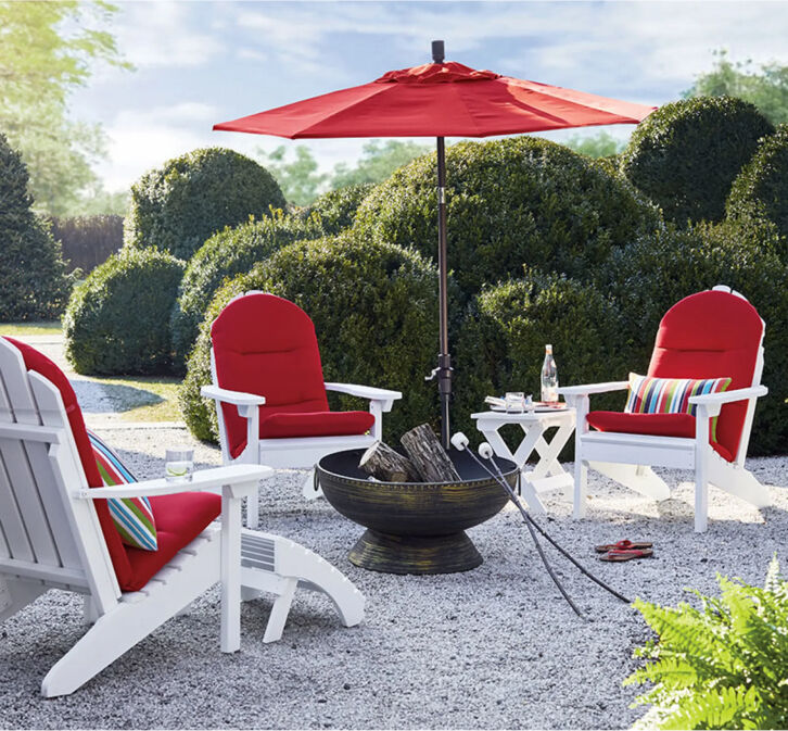 Image of outdoor patio area with red umbrella