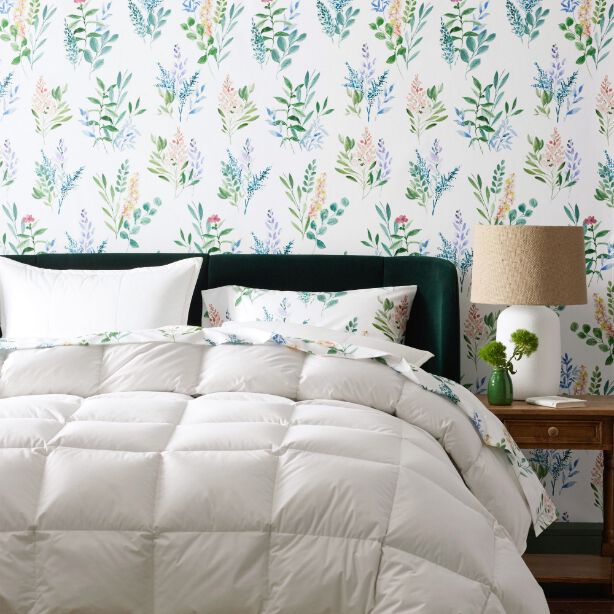 bedroom with botanical wallpaper